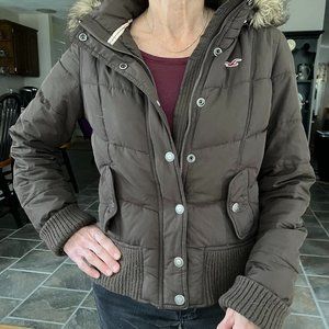 Hollister Brown Short Cropped Down Puffer Jacket w/ Removable Fur Hood